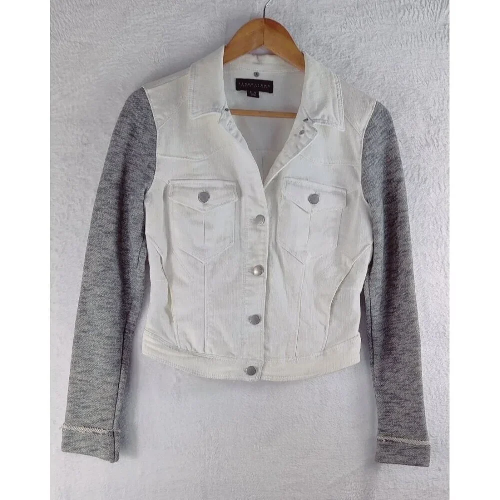 Jean Jacket by Tinseltown Denim Couture White Gray Sleeves Distressed High-Low S